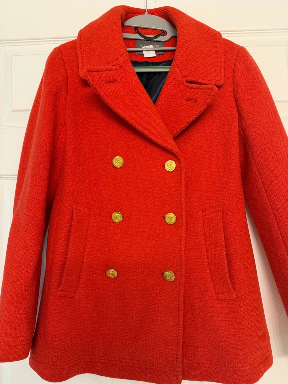 J. Crew Double-Breasted Peacoat in Bright Red with Gold Buttons